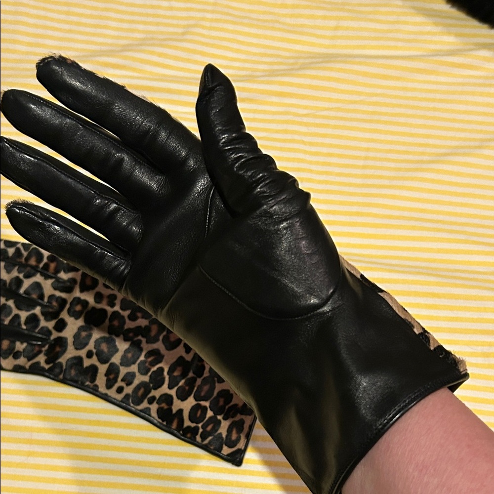 Neiman Marcus Black Leather Gloves with Leopard Accent
